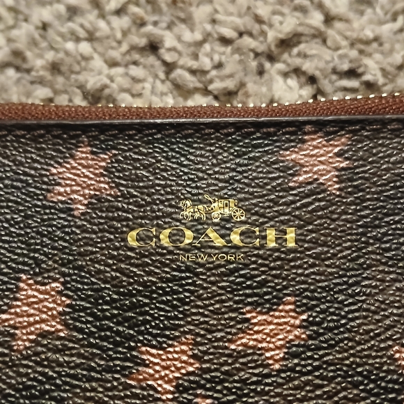 ⭐ Coach Star Print Wristlet | Brown Canvas + Leather | Zip Pouch